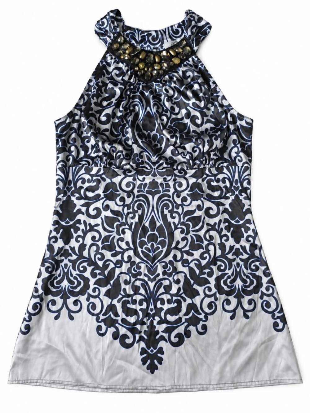 Caché Silk Jeweled Halter Tunic Top Small Black Silver Scroll Print Cocktail